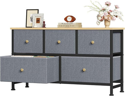 OLIXIS 5 Drawer Dresser for Bedroom, Storage Organizer Unit for Closet | Chest of Drawers for Clothes Storage with Bins, Wide Fabric Bedroom Dresser, Wooden Top, Living Room, Gray Blue