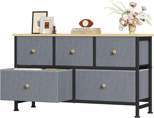 OLIXIS 5 Drawer Dresser for Bedroom, Storage Organizer Unit for Closet | Chest of Drawers for Clothes Storage with Bins, Wide Fabric Bedroom Dresser, Wooden Top, Living Room, Gray Blue