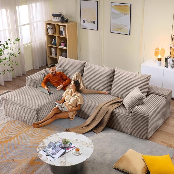 107.5" W Modular Sectional Sofa, Upholstered Corduroy Cloud Couch with Deep Seat, Modern 3-Seater L-Shaped Sofa for Living Room, No Assembly Required (Camel, Left-Facing Chaise)