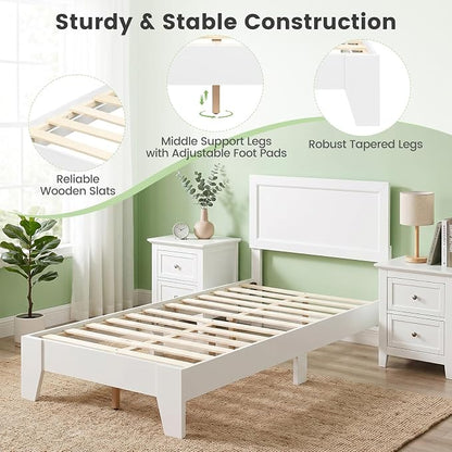 KOMFOTT Twin Size Bed Frame, Modern Platform Bed with Headboard, Wooden Slat Support Mattress Foundation, Under-Bed Storage Space, No Box Spring Needed (White,Twin)