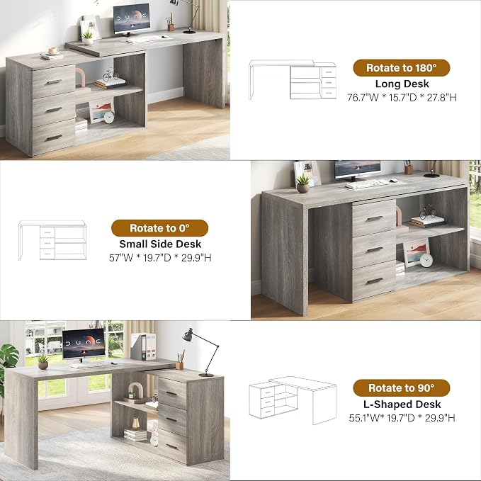 HSH L Shaped Office Desk with Drawers Shelves 55-76 Inch, Corner Computer Desk with Storage 360 Rotating Long for Work, Executive, Study, Writing, Teacher, Bedroom Modern Gaming Table, Light Grey