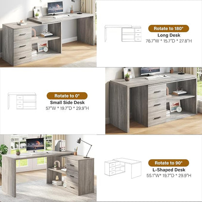HSH L Shaped Office Desk with Drawers Shelves 55-76 Inch, Corner Computer Desk with Storage 360 Rotating Long for Work, Executive, Study, Writing, Teacher, Bedroom Modern Gaming Table, Light Grey
