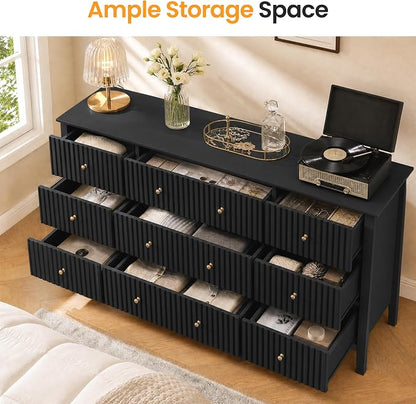RoyalCraft Fluted Dresser for Bedroom with 9 Drawers, 59" Wide Painted Wooden Chest of Drawers, Modern TV Stand Storage Cabinet for Living Room, Hallway, Black