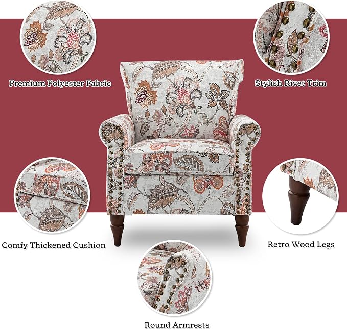 HULALA HOME Modern Wingback Accent Chairs Set of 2 with Wood Legs & Removable Cushion, Comfy Upholstered Armchairs with Nailhead Trim, Floral Pattern Single Sofa Chairs for Living Room Bedroom, Pink
