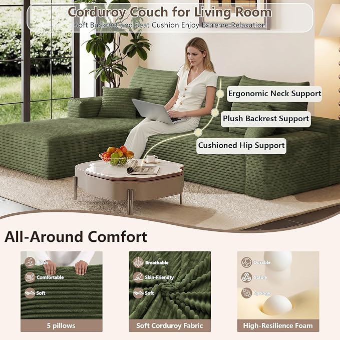 95" Cloud Sectional Couch with L-Shape Chaise, Modular Comfy Sofa Chaise Longue, Upholstered Corduroy Couches Sleeper with Deep Seat for Living Room Bedroom, No Assembly Required(Green, Left Facing)