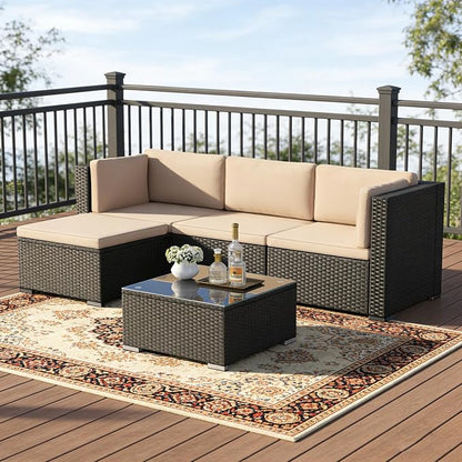 SUNCROWN 5-Piece Outdoor Patio Furniture Set, All-Weather PE Rattan Sectional Sofa with Ottoman, Glass Coffee Table & Cushions, Modular Wicker Conversation Set for Backyard, Garden, Porch, Beige