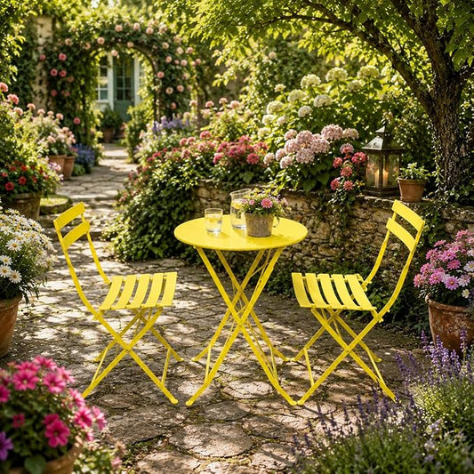 Small 3 Piece Patio Set, Bistro Table and Chairs Set of 2, Outdoor Folding Coffee Table, Outdoor Patio Furniture Set for Balcony, Yard, Garden, Yellow (Yellow)