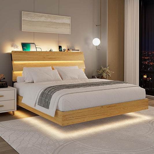 Feonase Floating Bed Frame Queen with Led Lights and Charging Station, Wood Full Size Bed Frame with Storage Headboard, Heavy Duty Metal Slats, No Box Spring Needed, Easy Assembly,Oak