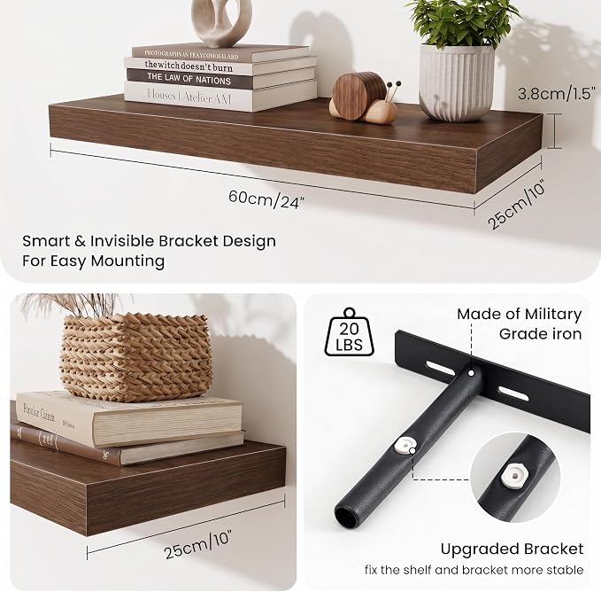 Fun Memories 24 x 10 Floating Shelves Wall-Mounted - Rustic Wood Shelf - 10 Inch Deep Floating Shelves for Wall - Large Storage Shelf for Bathroom - Kitchen & Bedroom - Walnut - Set of 3
