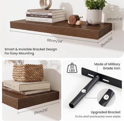 Fun Memories 24 x 10 Floating Shelves Wall-Mounted - Rustic Wood Shelf - 10 Inch Deep Floating Shelves for Wall - Large Storage Shelf for Bathroom - Kitchen & Bedroom - Walnut - Set of 3