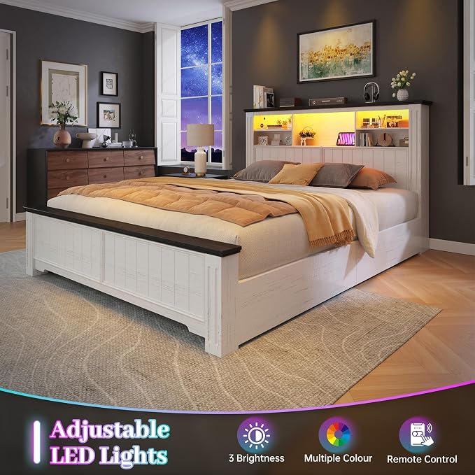 EnHomee Full Size Bed Frame with Storage Headboard and 4 Drawers,Charging Port & LED,No Box Spring Needed for Apartment,Noise,-Free,White with Grain Marks
