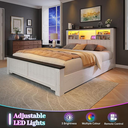 EnHomee Full Size Bed Frame with Storage Headboard and 4 Drawers,Charging Port & LED,No Box Spring Needed for Apartment,Noise,-Free,White with Grain Marks