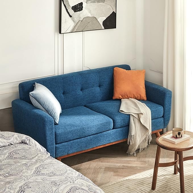 Kingfun 65.2" W Loveseat Sofa, Mid Century Modern Decor Love Seat Couches for Living Room, Button Tufted Upholstered Furniture, Solid & Easy to Install Small Couch for Bedroom Office Apartment, Blue