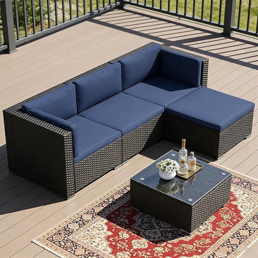 SUNCROWN 5-Piece Outdoor Patio Furniture Set, All-Weather PE Rattan Sectional Sofa with Ottoman, Glass Coffee Table & Cushions, Modular Wicker Conversation Set for Backyard, Garden, Porch, Dark Blue