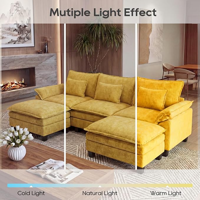 URRED Oversized Modular Sectional Sofa, 122" U Shaped Modern Comfy Cloud Couch with Movable Ottoman & Pillows, Deep Seat Couches for Living Room, Bedroom or Apartment (Chenille Yellow, 122" U Shaped)