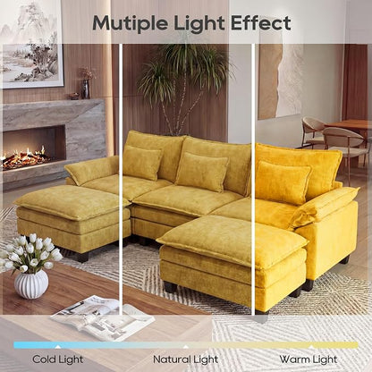 URRED Oversized Modular Sectional Sofa, 122" U Shaped Modern Comfy Cloud Couch with Movable Ottoman & Pillows, Deep Seat Couches for Living Room, Bedroom or Apartment (Chenille Yellow, 122" U Shaped)