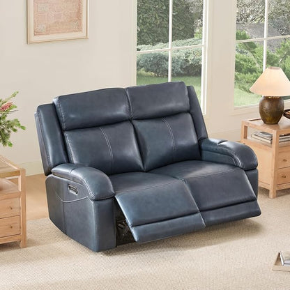 Watson & Whitely Genuine Leather Power Loveseat Recliner Sofa, 2 Seat Wall Hugger Reclining Sofa with Power Headrest & Charging Ports, Dual Recliner Sofas for Living Room, RV, Navy Blue