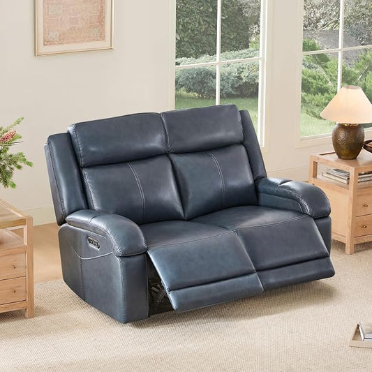 Watson & Whitely Genuine Leather Power Loveseat Recliner Sofa, 2 Seat Wall Hugger Reclining Sofa with Power Headrest & Charging Ports, Dual Recliner Sofas for Living Room, RV, Navy Blue