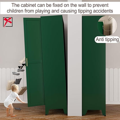 71" Metal Armoire Wardrobe Closet, Steel Clothing Storage Cabinet with Mirror and Adjustable Shelves, Household Steel Wardrobes Storage Cabinet with Adjustable Standing Feet and Hanging Rod（Green）