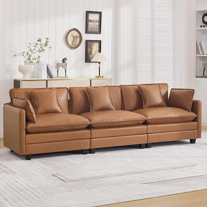 111'' Sectional Cloud Deep Seat Couch, Modern Comfy Leather Modular Sectional Sofa for Living Room Set, Upholstered Modular 3-Seats Sofa Couch, Leather Light Brown