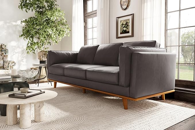 Valencia Artisan Full Leather Sofa 88” - Pure Full Italian Nappa Leather Couch, Solid Wood Accent, Ultimate Comfort, Modern Grey