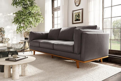 Valencia Artisan Full Leather Sofa 88” - Pure Full Italian Nappa Leather Couch, Solid Wood Accent, Ultimate Comfort, Modern Grey