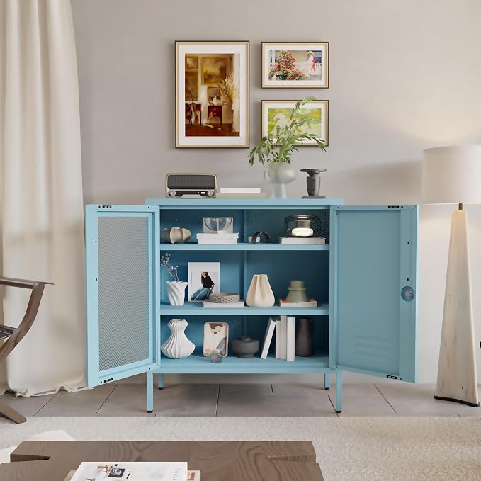 Blue Metal Locker CabinetsMetal Locker Storage Cabinet with Mesh Doors and Adjustable Shelves Coffee Bar Cabinet,Kitchen Pantry Storage Cabinets for Home, Office, Entryway and Hallway
