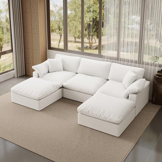 Modular Sectional Sofa,Extra Comfty Deep-Seat-Filled Couch,White 5 Seat U Shape Sofas with Movable Ottoman,Modern Couches for Living Room, Apartment,Office,Small Space