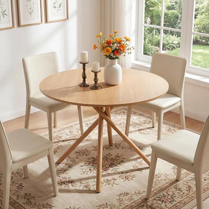 VINGLI 37.5" Round Dining Table for 4, Wood Kitchen Table, Oak | Cross Metal Leg, Adjustable Feet, Wood Tabletop, Mid-Century Modern Style, for Living Room, Dining Room, Kitchen, Small Place