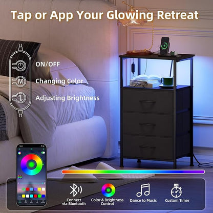 Somdot Nightstands Set of 2,Bedside Tables with Charging Station and LED Lights,Night Stand with 3 Fabric Drawers, End Tables with Open Shelf for Small Spaces Bedroom Entryway Hallway, Black