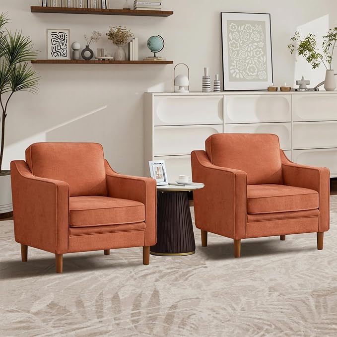 Kingfun Accent Chair Set of 2, Living Room Chairs, Mid Century Reading Armchair, Chenille with Solid Wood Foot, Upholstered Modern Decor for Bedroom, Apartment