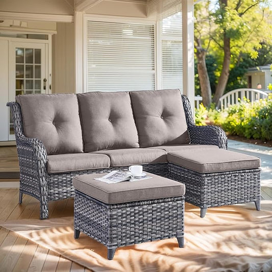 Outdoor Patio Furniture - 3 Seater Outdoor Rattan Wicker Sofa Patio Couch with Ottoman for Porch Deck Garden Backyard - Grey/Grey