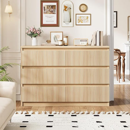 Jocoevol 6 Drawer Fluted Dresser, Modern Chest of Drawers for Bedroom with Hidden Handles, Wood Storage Organizer Cabinet for Living Room & Entryway, Natural Oak (15.7" D x 47.3" W x 31.6" H)