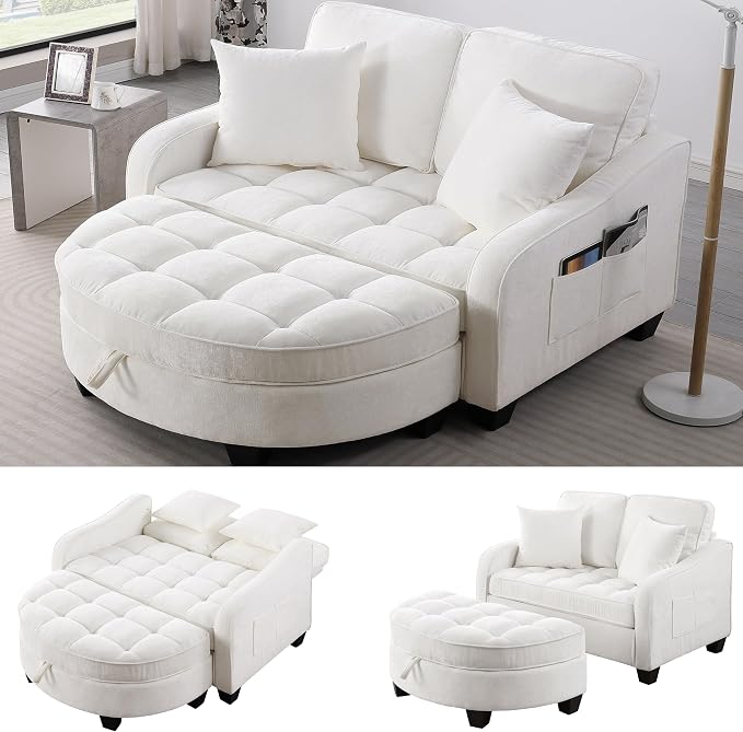 ERYE Chenille Tufted Loveseat Sofa and Ottoman Set, Tufted Recliner Sleeper Chaise Lounge with Curved Storage Ottoman,Reclining Backrest and Side Pockets, 4 Pillows
