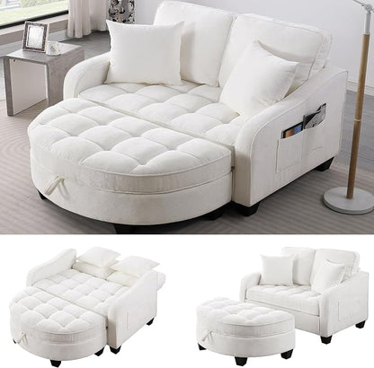 ERYE Chenille Tufted Loveseat Sofa and Ottoman Set, Tufted Recliner Sleeper Chaise Lounge with Curved Storage Ottoman,Reclining Backrest and Side Pockets, 4 Pillows