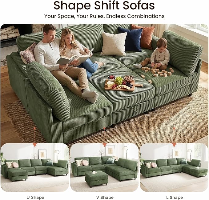 KKL Modular 83'' 6 Seater Sofa Bed - Sectional Sofa with Storage Ottoman, Convertible U/L -Shaped Sleeper Couch for Living Room, Modern Reversible Design, Green
