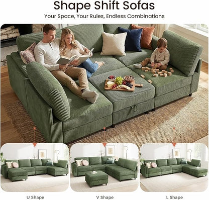 KKL Modular 83'' 6 Seater Sofa Bed - Sectional Sofa with Storage Ottoman, Convertible U/L -Shaped Sleeper Couch for Living Room, Modern Reversible Design, Green