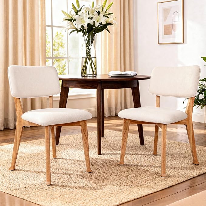 Wooden Dining Chairs Set of 4, Mid Century Modern Kitchen Chairs with Fabric Upholstered and Curved Backrest for Dining Room, Restaurant/Cafe, 300LBS Capacity, Natural
