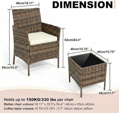 3 Piece Outdoor Patio Furniture Set, All-Weather Brown Wicker Rattan Conversation Set with Cushions, Chairs & Coffee Table for Porch, Backyard & Balcony