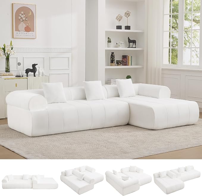 119'' Curved Boneless Sofa Couch, 3 Seat Cloud L Shaped Deep Seat Couches for Living Room, No Assembly Modular Sofa with Right Chaise Lounge, White