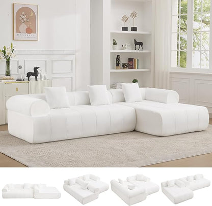 119'' Curved Boneless Sofa Couch, 3 Seat Cloud L Shaped Deep Seat Couches for Living Room, No Assembly Modular Sofa with Right Chaise Lounge, White