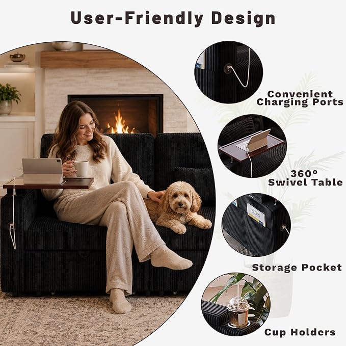 73" Queen Size Sofa Bed, Loveseat Sleeper Sofa with Pull Out Bed, 360° Swivel Table and USB, Modern 2 Seater Convertible Corduroy Couch for Living Room Bedroom Apartment, Black