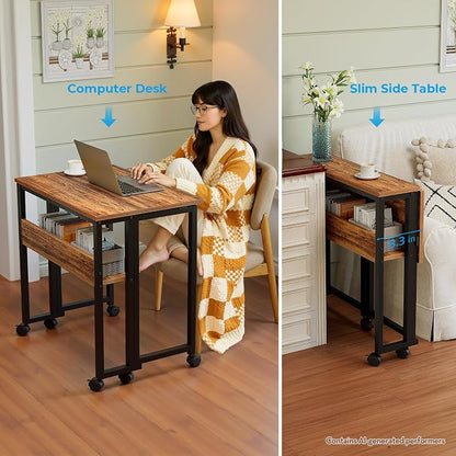 GreenForest Folding Desk with Wheels, 31.5 Inch Compact Rolling Computer Table with Storage Shelf, Portable Mobile Workstation for Small Spaces, Easy Assembly, Walnut