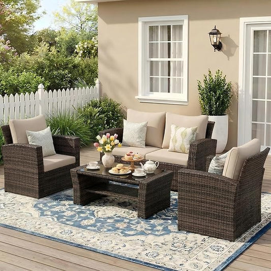 Wisteria Lane Patio Furniture Set, Wicker Outside Outdoor Furniture for All Weather, Patio Sofa with High Backrest Support and Wide Armrest for Backyard, Balcony, Deck, Porch, Brown