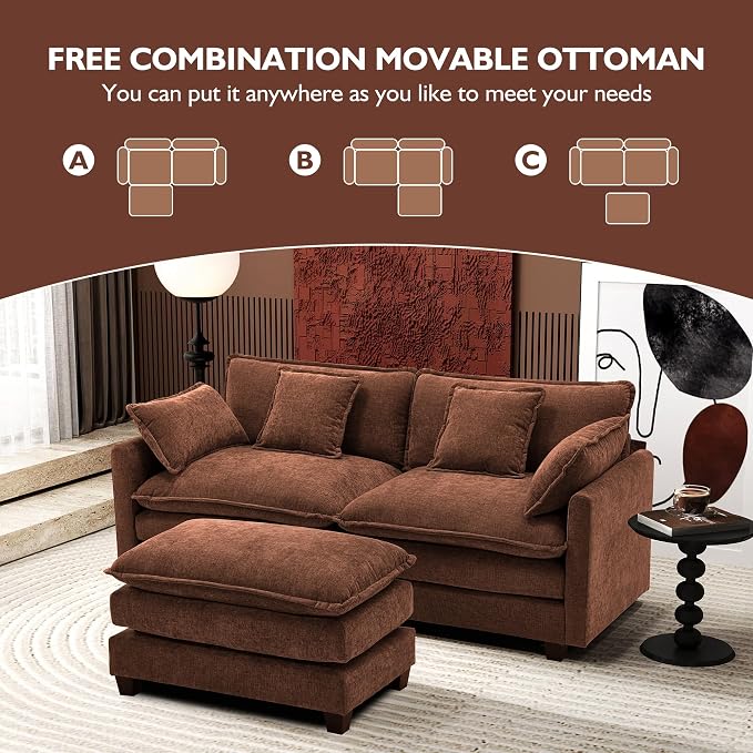 Ihanherry 77" L Shaped Modern Sofa Modular Sectional Luxurious and Comfortable with Ottoman, 3-Seat Chenille Deep Seat Sofa with Pillow for Living Room, Bedroom and Apartment,Brick Red