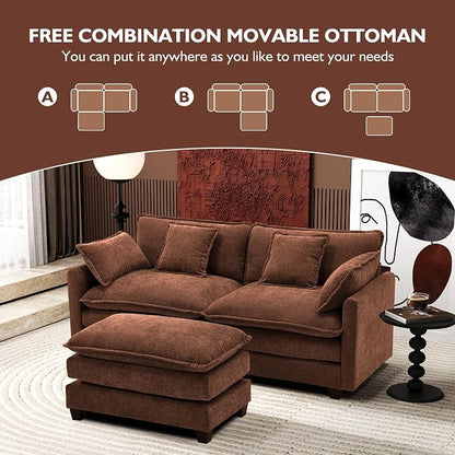 Ihanherry 77" L Shaped Modern Sofa Modular Sectional Luxurious and Comfortable with Ottoman, 3-Seat Chenille Deep Seat Sofa with Pillow for Living Room, Bedroom and Apartment,Brick Red