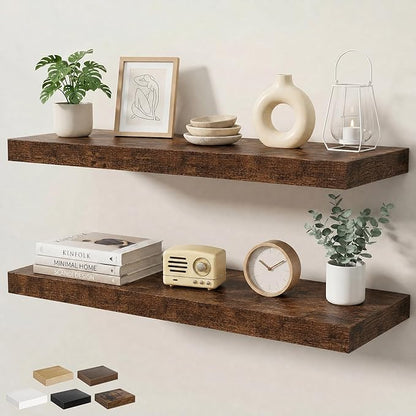 Floating Shelves for Wall 36 in x 9.3 in Deep, Wall Mounted Rustic Wood Shelf with Invisible Brackets for Storage & Display, Living Room Bedroom Bathroom, Brown, 2 Pack