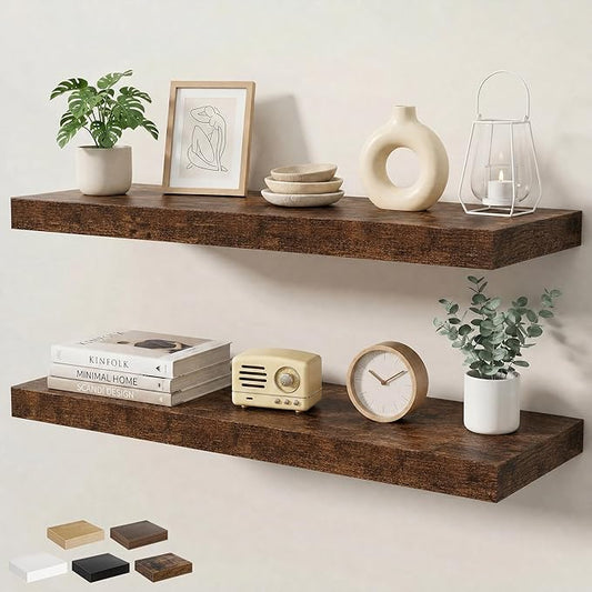 Floating Shelves for Wall 36 in x 9.3 in Deep, Wall Mounted Rustic Wood Shelf with Invisible Brackets for Storage & Display, Living Room Bedroom Bathroom, Brown, 2 Pack