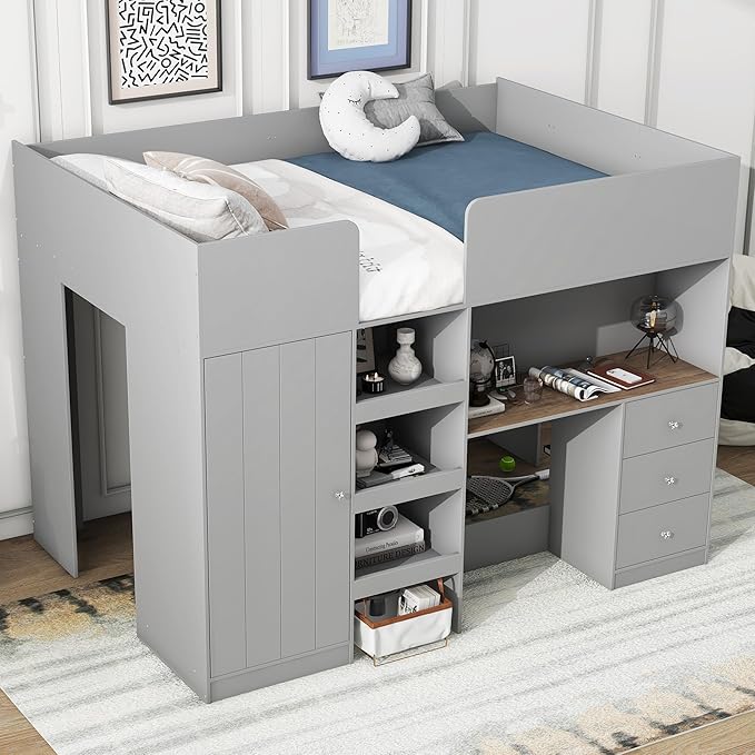 Ball & Cast Twin Size House Shape Loft Bed with Ladder & Safety Guardrail,Wooden Platform Bedframe W/Wardrobe & Under-Bed Play Space,Space-Saving,No Box Spring Needed,for Boy Girl Teens Bedroom,Grey