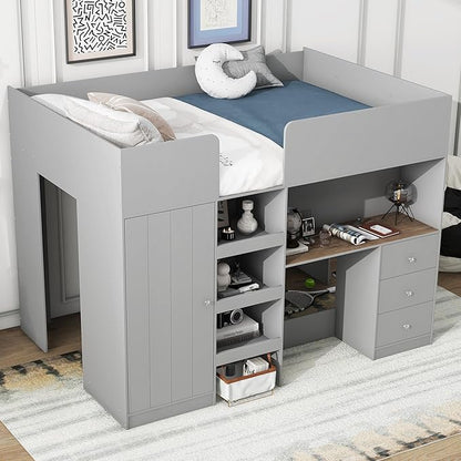 Ball & Cast Twin Size House Shape Loft Bed with Ladder & Safety Guardrail,Wooden Platform Bedframe W/Wardrobe & Under-Bed Play Space,Space-Saving,No Box Spring Needed,for Boy Girl Teens Bedroom,Grey